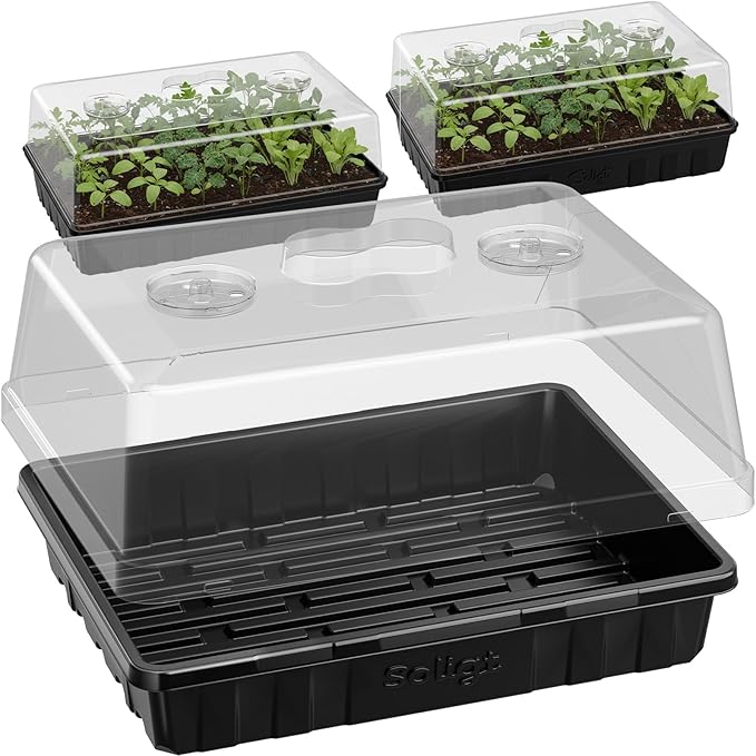 SOLIGT [Thick Plastic] 3-Set Strong Seed Starter Trays with 5 Humidity Domes for Seed Starting Germination Seedling Propagation &amp Plant Growing Holds 144 Cells in Total
