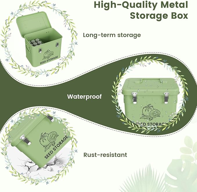 Seed Storage Organizer Box Metal Seed Box Garden Seed Organizer with Lid Seed Containers Storage with 3 Compartments 30 Seed Holder Organizers 50pcs Seed Envelopes (Green)