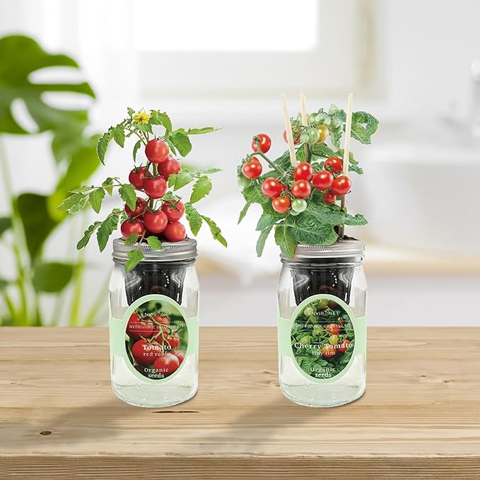 2-Pack Hydroponic Mason Jar Herb Garden Kit Indoor Herb Garden Self-Watering Starter Kit New Christmas Gift for Mom (Cherry TomatoRed Robin Tmato)