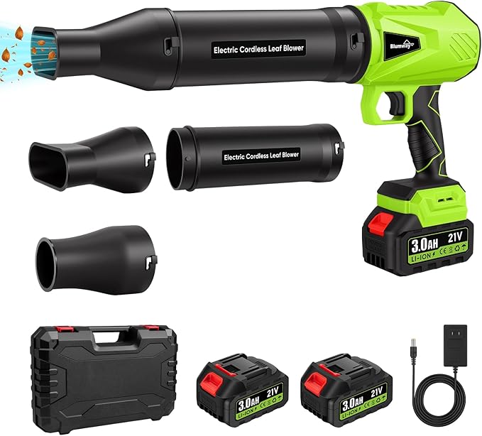 Blumway Leaf Blower Cordless with Battery 21V Handheld Leaf Blower with 3 Extended Nozzles Electric Leaf Blowers with 2 Pcs 3.0Ah Batteries Portable Leaf Blowers for Lawn Care LeavesDust Car