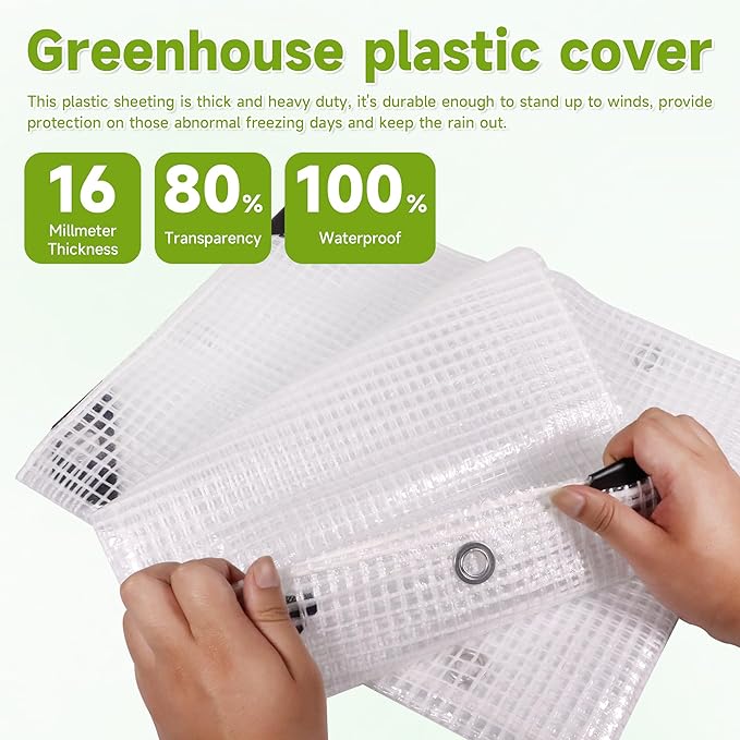 Greenhouse CoverClear Greenhouse Plastic Covering 16Mil Thickness Heavy Duty Clear tarp for Chicken coopGardeningFarming Greenhouse Plastic sheeting with Grommets (White 20ft*30ft)