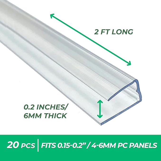 Polycarbonate Greenhouse Panels U Connector - 20 Pieces 2ft Length Prevent Dust Rain &amp Moisture from Getting into Twin-Wall Panels Fit 6mm or 4mm (0.2 in) Panels (U Connectors 6mm-2ft)