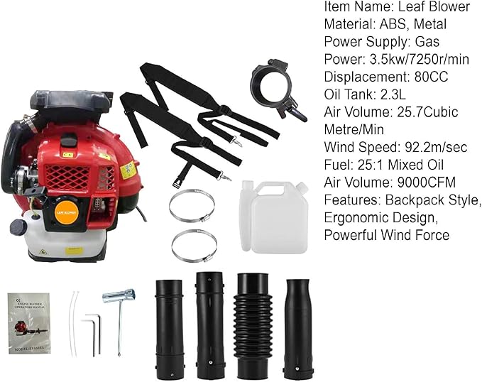 Backpack Leaf Blower 52CC 2-Stroke Gas Powered Leaf Blower 550CFM 1.25KW Air-Cooled Power Blower Snow Blower for Lawn Care Yard Dust Debris (Red)