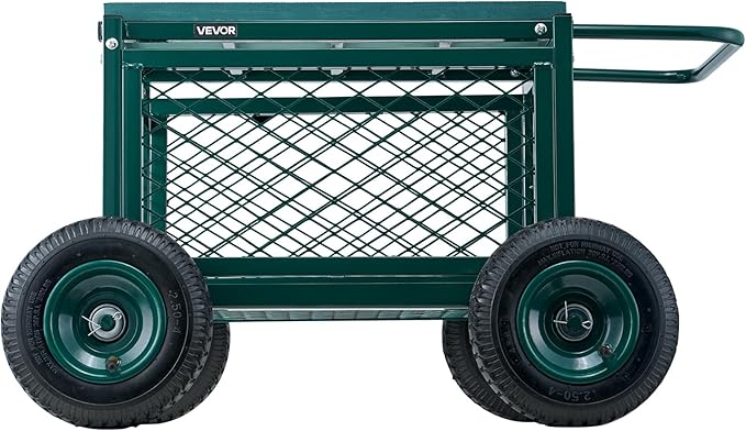 VEVOR Rolling Garden Cart with Seat Metal Rolling Garden Work Seat with Wheels Supports up to 400 LBS Heavy Duty Gardening Cart Scooter Outdoor Wagon &amp Stool on Wheels for Lawn Patio Backyar