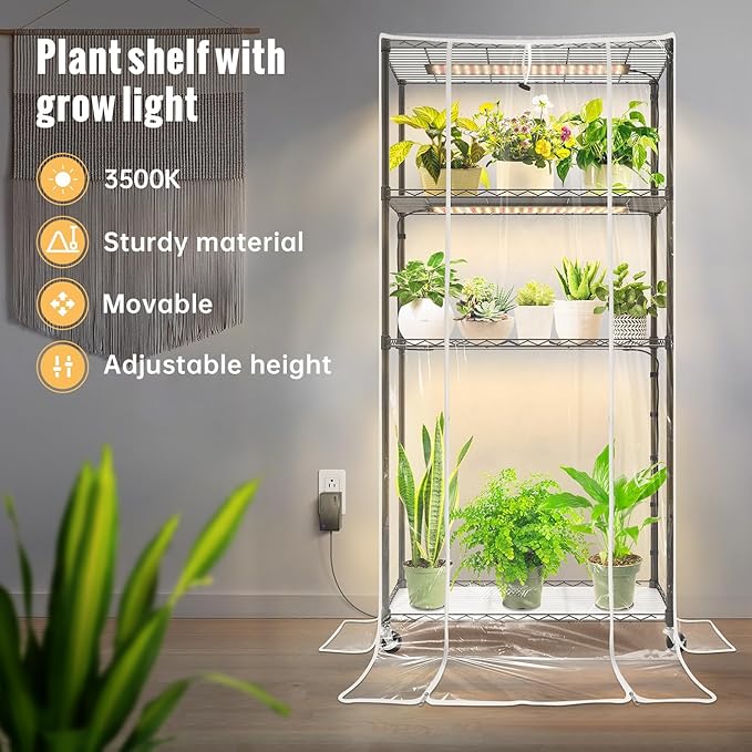 Indoor Greenhouse with Grow Light and Shelves - 4 Tier Plant Stand with Grow Light Zippered PVC Cover and 3 Dimmable 1.8FT 60W Grow Lights with Timer 30 L X 14 W X 59 H Black