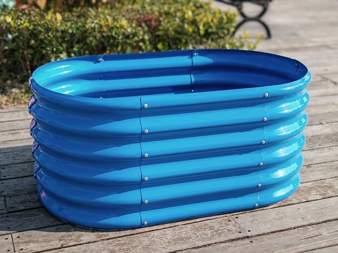 A ANLEOLIFE Kids Mini Raised Garden Beds Outdoor (3-Pack)-40x24x18in Oval Round Galvanized Metal Planter Box for Planting Vegetables Flowers Fruits Eco-Safe &amp Easy Setup Sky Blue