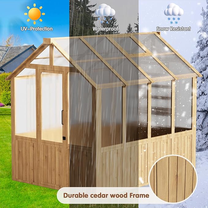 EBE 6'x8' Greenhouse Wooden Walk-in Greenhouse Outdoors with Polycarbonate Panel and Adjustable Roof Vent Garden Greenhouses for Patio Yard and Backyard