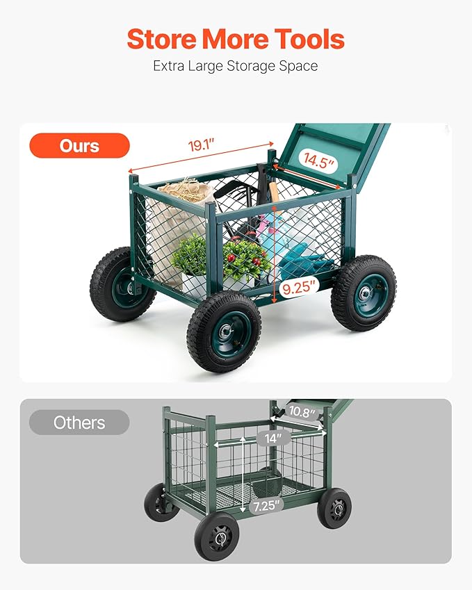 VEVOR Rolling Garden Cart with Seat Metal Rolling Garden Work Seat with Wheels Supports up to 400 LBS Heavy Duty Gardening Cart Scooter Outdoor Wagon &amp Stool on Wheels for Lawn Patio Backyar