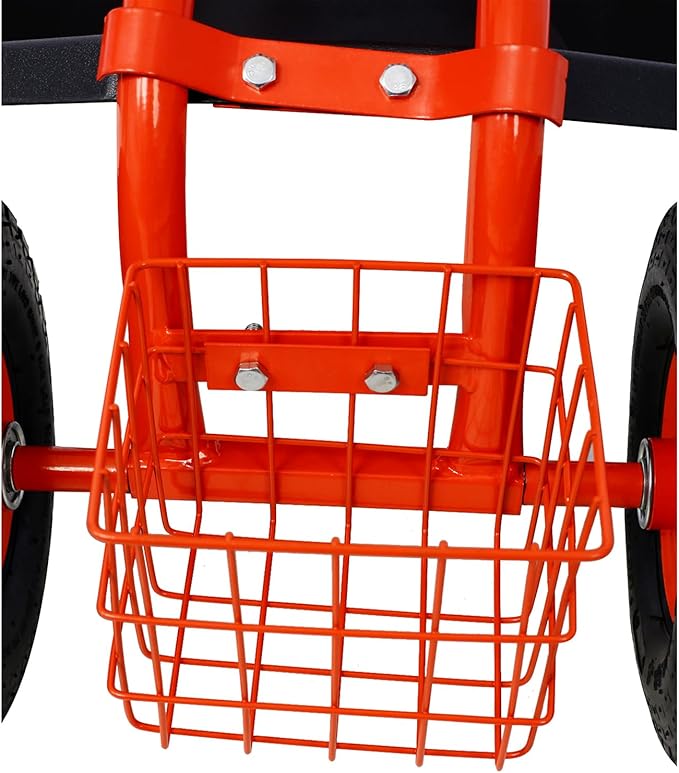 Garden Stool with 360 Swivel Seat Outdoor Rolling Garden Scooter with Adjustable Handle Tools Tray &amp Basket Garden Cart on Wheels Patio Wagon Work Seat with Wheels for Planting Weeding Red