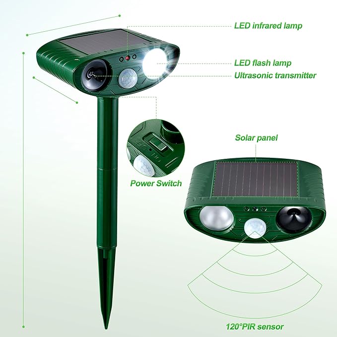 2 Pack Solar Animal Repeller for Raccoons Deer &amp Squirrels - Ultrasonic &amp Strobe Light Outdoor Deterrent for Cats Dogs Raccoons Rabbits Skunks Foxes &amp More