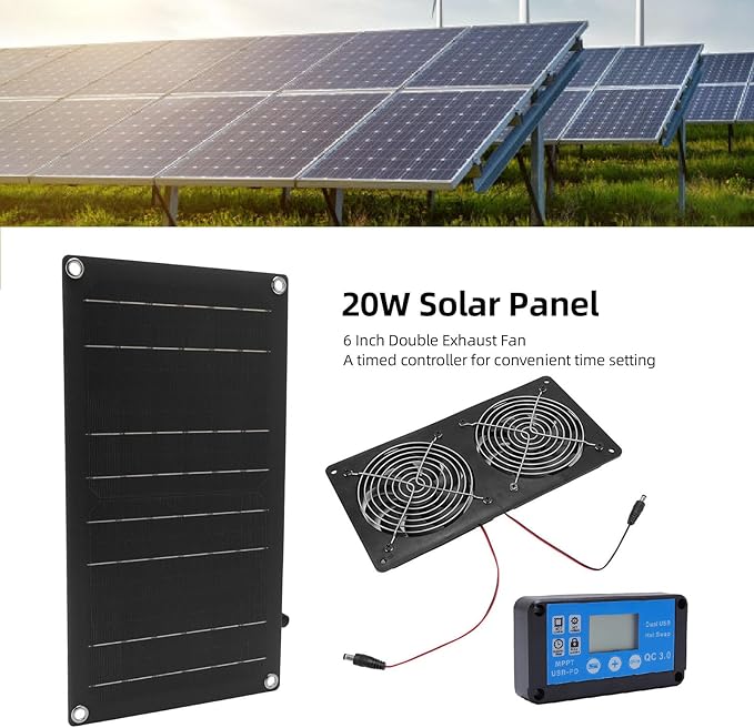 Solar Exhaust Fan 20W Solar Panel &amp 8 Ventilation Vent Fan Portable Ventilation with Timing Controller for Shed Greenhouse
