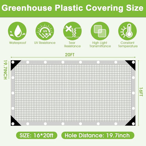 16 Mil Clear Plastic Tarps Heavy Duty Waterproof 16x20 FTGreen House Plastic Covering SheetingUV Resistant Greenhouse Cover Clear Tarp with Grommets for GardenFarmsNurseryChicken Coop Winter Wrap