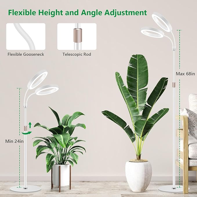 Large Plant Light for Indoor Plants 2 Head Full Spectrum Grow Light with 68 Adjustable Stand for Growing Large Tall Plants White Halo Floor LED Grow Lamp with 16 Hour Timer