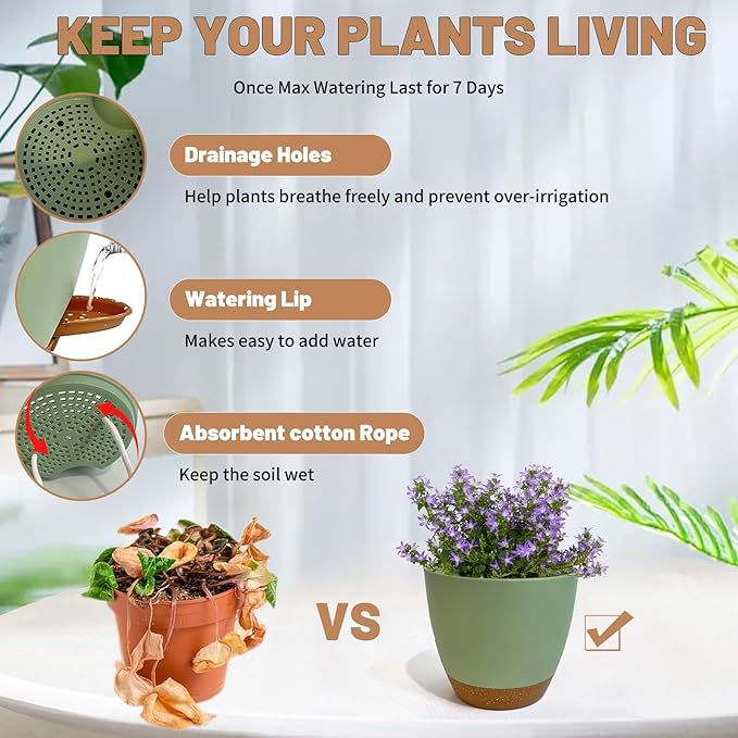 LIFFY Plant Pots 87.576.565.55 Inch Plastic Self Watering Planters with Drainage Holes &amp Saucers 7-Pack Green Nursery Planting Pot with Deep Reservoir for Indoor Outdoor Plants