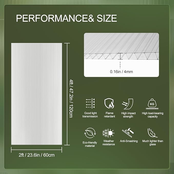 UMIG 12 PCS 4' x 2' x 0.16'' Polycarbonate Greenhouse Panels Twin-Wall Waterproof UV Protected Corrugated Plastic Roof Panels Sheets Clear Replacement Panels for Greenhouse Outdoor Plant