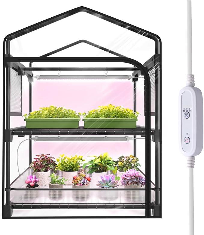 Mini Indoor Greenhouse with Grow Light 2-Tier Plant Stand with PVC Tent Ventilation Window Bottom Pouch 20W Full Spectrum Grow Light with Timer for Seed Starting 27 L x 19 W x 35 H