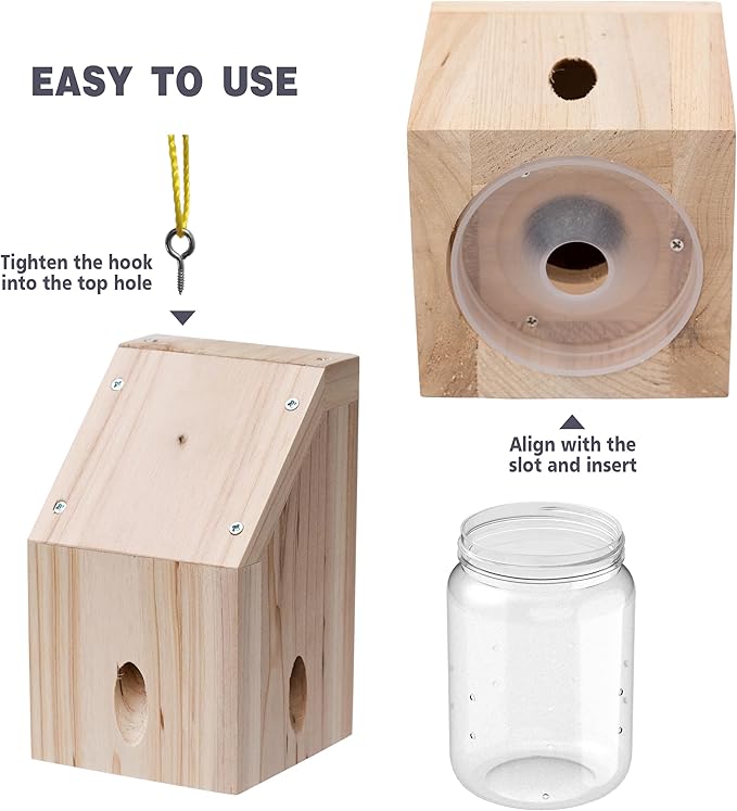 Carpenter Bee Trap for Outside - Shed Style Nature Hanging Wood Trap for Outdoor with Removable Bee Vault Plastic Jar (2 Pack)