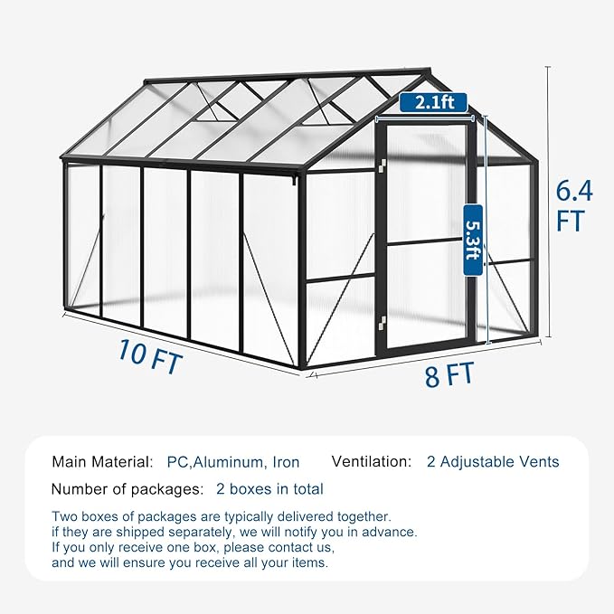 8x10 FT Outdoor Greenhouse for Winter Greenhouse Kit with Aluminum Frame Polycarbonate Panels Lockable Door Adjustable Roof Vent Heavy Duty Walk-in Design for Backyard Garden and Patio