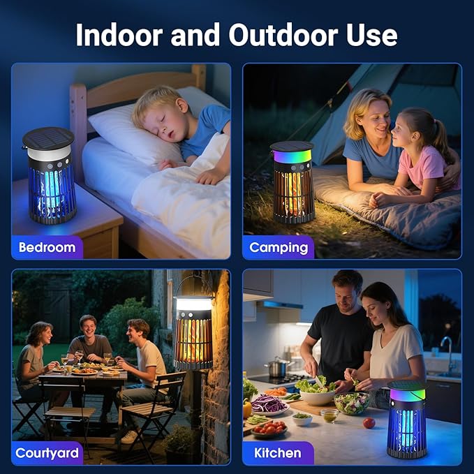 2 Pack Solar Bug Zapper Outdoor Portable Electric Mosquito Killer Waterproof Rechargeable Insect Trap with LED Night Light and Flame Effect Ideal for Outside Patio Backyard and Camping