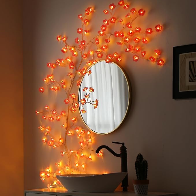 Cherry Blossom Lights with Remote 7.5 Ft 144 Flowers Enchanted Willow Vine Lights 18 Branches 144 LEDs Lighted Willow Vine Tree Lights for Walls Bedroom Home Room Decor White Branch