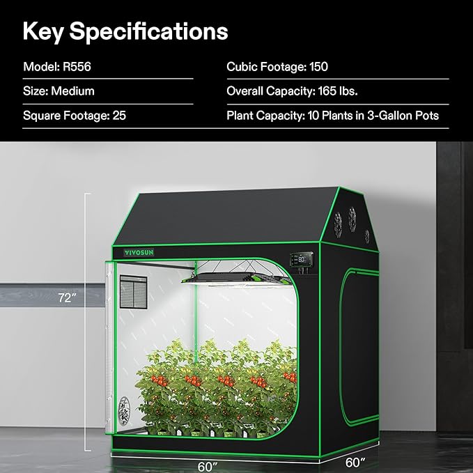 VIVOSUN R556 5x5 Grow Tent 60x60x72 Roof Cube Tent with Observation Window and Floor Tray for Hydroponics Indoor Plant for VSF6450