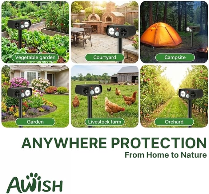 AWISH Solar Ultrasonic Animal Repeller Outdoor Motion Sensor Waterproof Pest Deterrent Raccoon Skunk Fox Squirrel Gopher Rabbit Dog Repellent for Yard Garden Farm 40ft 120° Coverage 2 Pack Black