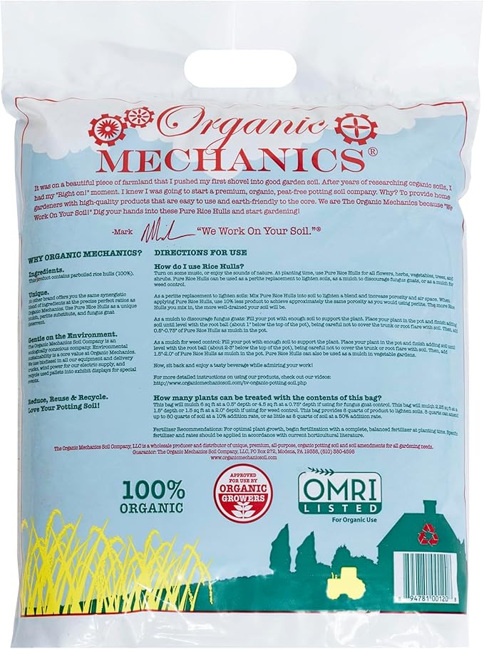 Organic Mechanics Pure Rice Hulls 8 qt (Pack of 2) - Sustainable Alternative to Perlite - Enhances Drainage Porosity and Air Space - Eco-Friendly