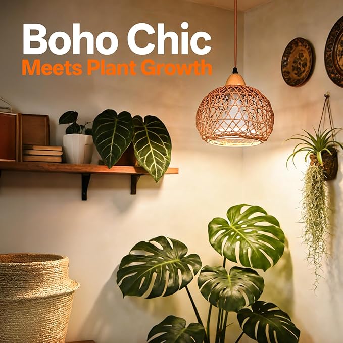 Bstrip Hanging Grow Lights for Indoor Plants 18W Full Spectrum Plant Light with 4H/9H/14H Timer 15.9 FT Power Cord &amp Boho Rattan Shade 3800K Hanging Lights for Indoor Plant Tall Plant Flowers