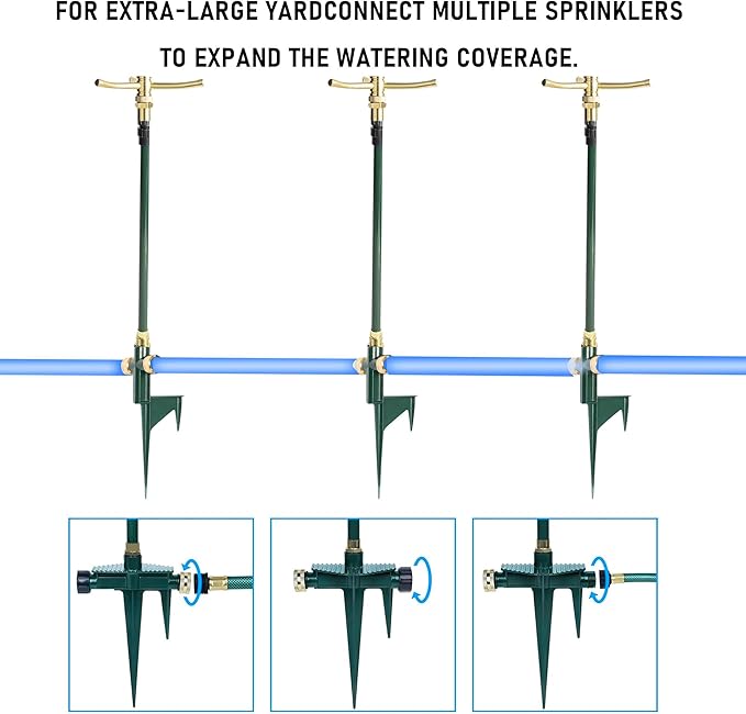 Hourleey 3-Arm Garden Sprinkler 2 Pack High-Rise Lawn Sprinkler with Adjustable Telescoping Base 360 Degree Rotation Sprinklers for Large Area Coverage Gardening Watering Lawn Irrigation System