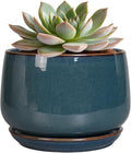 G EPGardening Ceramic Planter 6 Inch - Round Modern Ceramic Pot for Plants with Drainage and Plant Tray Indoor for Flower Apartment Decor Housewarming Gifts New Home Retro Blue