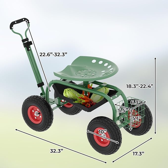 Heavy-Duty Rolling Garden Cart with Swivel Seat &amp Tool Tray – Ergonomic 360° Mobile Gardening Stool for Planting Weeding and Yard Work – All-Terrain Wheels Adjustable Height Durable Steel Fram