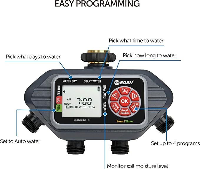 Eden 93413 Programmable Digital Water Timer 4-Zone Compatible with Wireless Soil Moisture Sensor