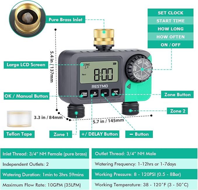 RESTMO Water Timer for Garden Hose Sprinkler Timer with Brass Inlet Automatic Digital Control | Manual ON/Off | Rain Delay for Outdoor Faucet Drip Irrigation and Lawn 2 Outlet
