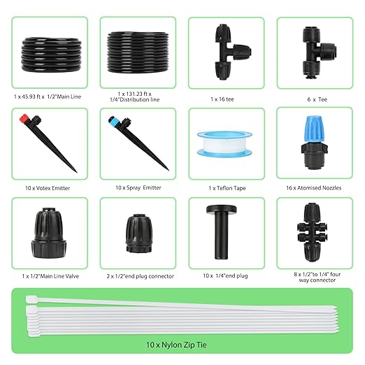 Drip Irrigation Kit – 2026 New Quick-Connect Micro Irrigation System with 46FT 1/2'' Tubing Locking Nozzle Emitters Adjustable Misting Sprayers for Gardens Lawns Raised Beds and Greenhouses