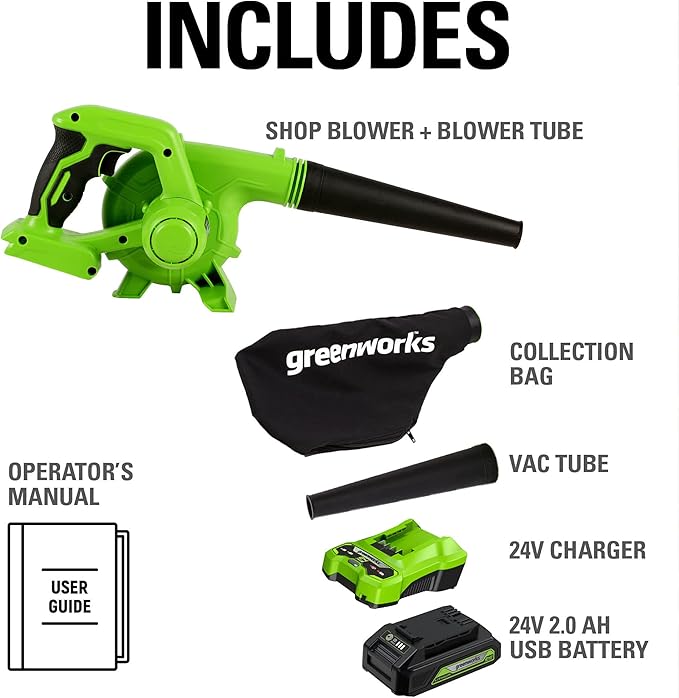 Greenworks 24V (90 MPH / 180 CFM / 200+ Compatible Tools) Cordless Shop Blower 2.0Ah Battery and Charger Included