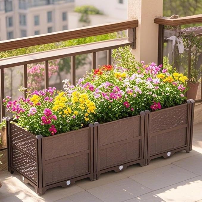 Rectangular Raised Garden Bed Kit Indoor Outdoor Plastic Planter Grow Box for Fresh Vegetables Herbs Flowers Succulents Brown BM133