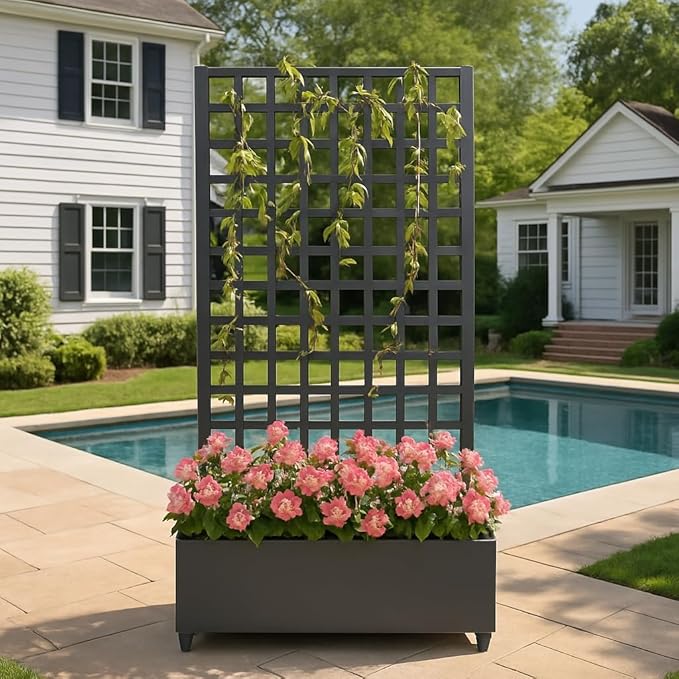 GarveeHome Metal Raised Garden Bed with Trellis and Wheels Planter Box for Climbing Plants Vegetables with Square Lattice Trellis Drainage Holes &amp Privacy Screen for Garden &amp Backyard