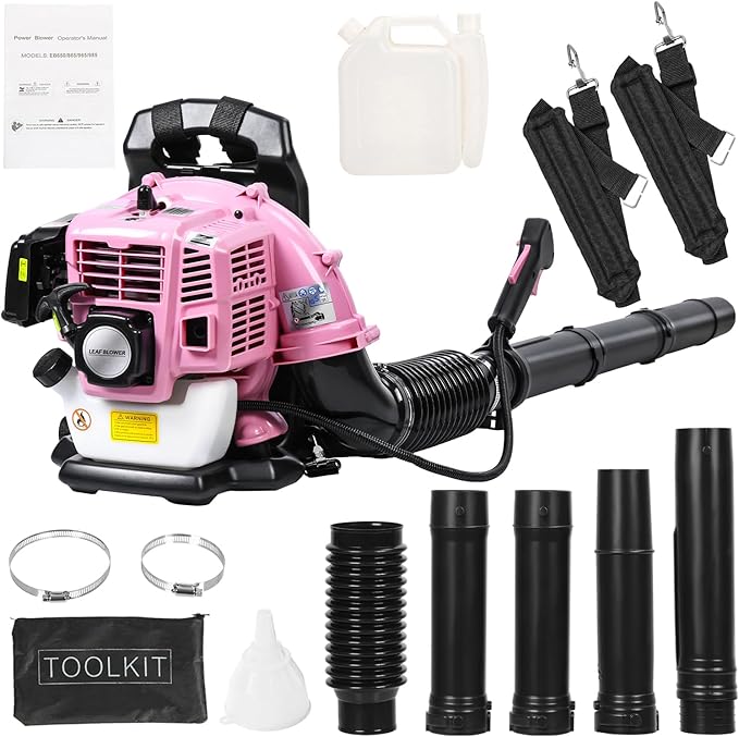 63CC Backpack Leaf Blower Gas Powered 3HP 2-Stroke Engine 665CFM High Velocity Air Cooling System Adjustable Backpack Blowers Gas for Lawn Garden Yard Snow Gutter Cleaning (Girls Pink)