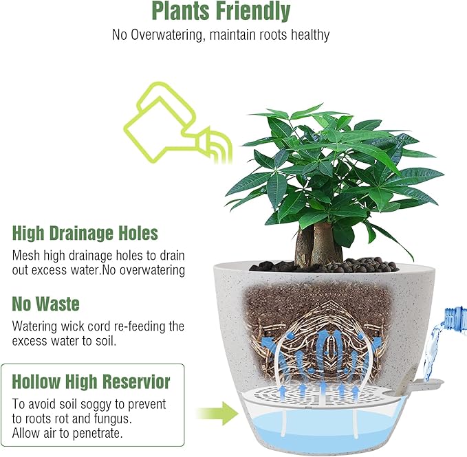 12 inch Large Self Watering Pots Plastic Planters with 60oZ Removable Deep Reservoir and Multi Mesh Drainage Holes for Indoor Outdoor Garden Plants and Flowers White Speckles