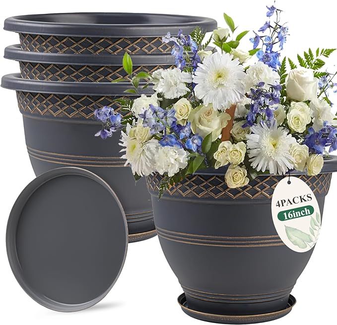 4 Pack 16 Inch Large Plant Pots Plastic Flower Pot for Indoor &amp Outdoor with Drainage Holes &amp Saucer Plaid Pattern Planters Garden Pots for Herbs Gold