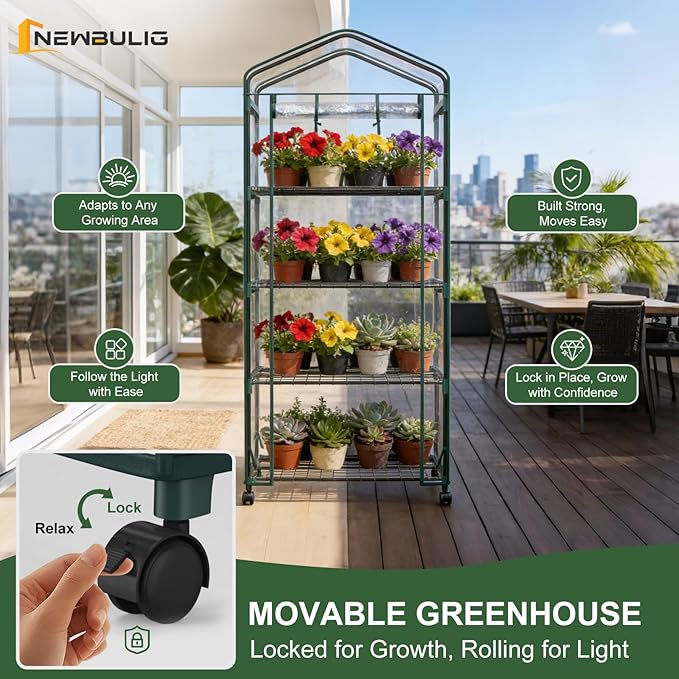 NEWBULIG Mini Greenhouse for Outdoors 4-Tier Portable Green House with Wheels and Clear PVC Cover All-Weather Plant House for Outside and Indoor27.17 x 19.29 x 65.35 Inches