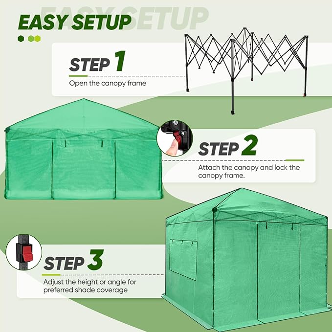 EAGLE PEAK 8x8 Portable Walk in Greenhouse Pop Up Indoor Outdoor Greenhouse Green House Kit with Zippered Roll-Up Doors and Windows PE Cover Clear/Green