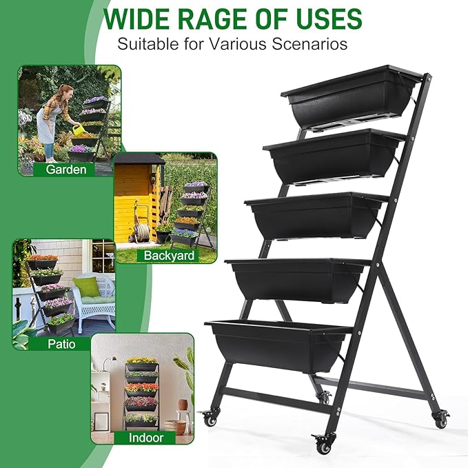 Vasitelan Vertical Raised Garden Bed 5 Tiers Vertical Raised Garden Planter Garden Raised Bed with 4 Wheels Vegetable Flower Planter Raised Stand for Garden Patio Yard Black