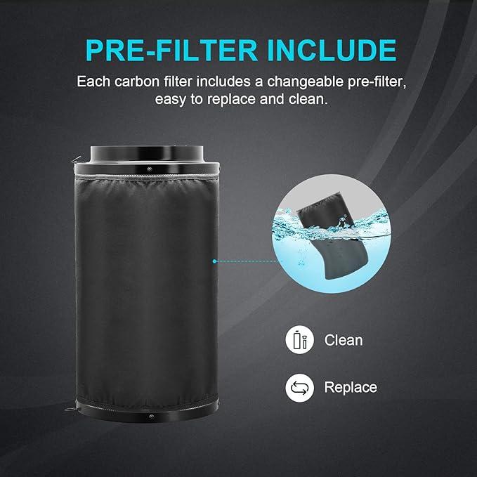iPower 6 Air Carbon Smelliness Control with Australia Virgin Charcoal Reversible Flange Pre-Filter Fit with Inline Duct Fans for Grow Tents