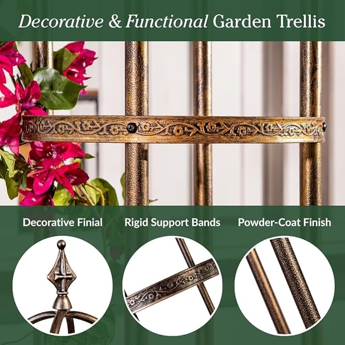 Plow &amp Hearth Metal Garden Plant Obelisk | Indoor &amp Outdoor Safe | Powder-Coated Steel Cast Iron Finial | Trellis for Climbing Planters | Stamped Floral Pattern | 14 Dia. x 8'H (Antique Coppe