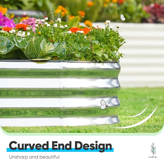 Quictent Galvanized Raised Garden Bed Kit 8x4x1 ft Oval Metal Planter Box for Vegetables Rubber Strip Edging Included (Silver)