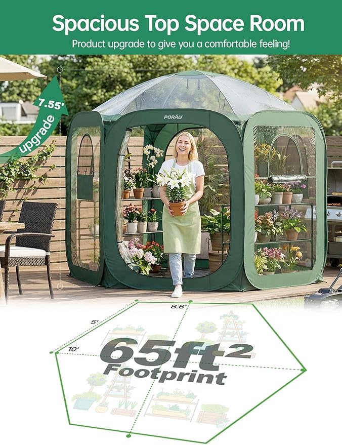 Porayhut Pop up Greenhouse TentPortable Large Walk-in Plant House 10’X10’ Indoor Outdoor Gardening Plant Sunshine Room with PVC Mesh Cloth Cover for Protecting Plant from Cold Frost &amp Birds