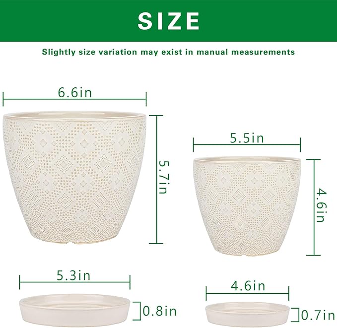 Docrin Ceramic Plant Pots Indoor 6.6 + 5.5 Inch Planters with Drainage Holes and Saucer for Home/Office - Set of 2 /White
