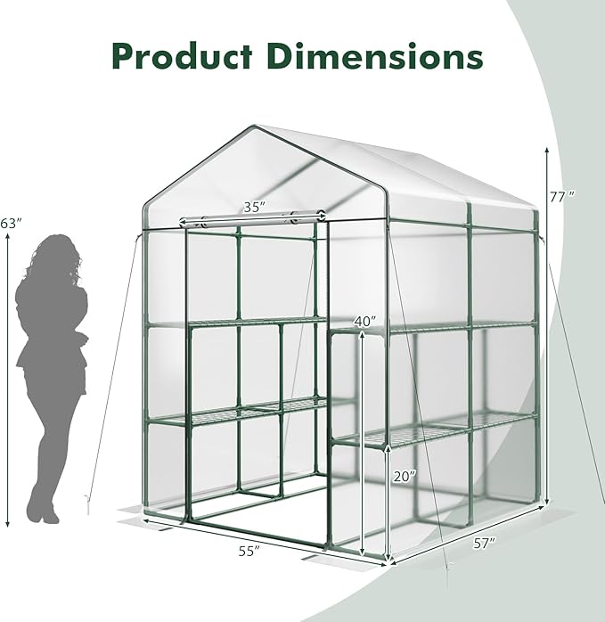 Happygrill Greenhouse Portable Greenhouses for Outdoors w/8 Shelves Roll-Up Zippered Door 2 Observation Windows &amp 2 Tiers Weather-Proof PE Cover Wind Rope (Transparent 55” x 57” x 77”)