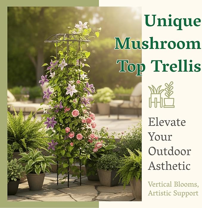 Garden Obelisk Trellis for Climbing Plants Outdoor | 64 Inch Mushroom Top Trellis for Potted Plants Vines Roses Clematis | Rustproof Plastic Coated Metal Plant Support Indoor Outdoor for Vegetables
